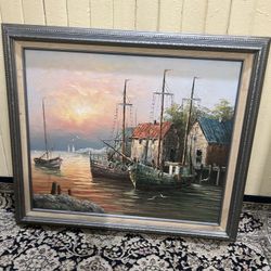 Vintage Signed W. Sherman HarborOil Painting 