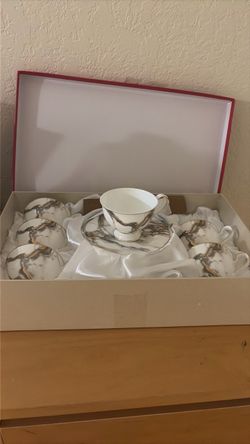 Marble Pattern Ceramic Tea & Coffee Set with Vacuum Thermos Pitcher and Cups – New in Box