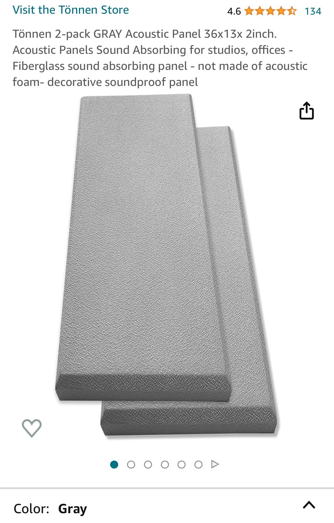 Tönnen 2-pack GRAY Acoustic Panel 36x13x 2inch. Acoustic Panels Sound Absorbing for studios, offices - Fiberglass sound absorbing panel