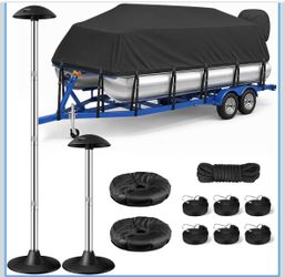Mionovity 1200D Pontoon Boat Cover 22-24ft with Support Poles 2 Pack, Black Heavy Duty Waterproof Pontoon Boat Cover with Motor Cover, 16 Windproof S