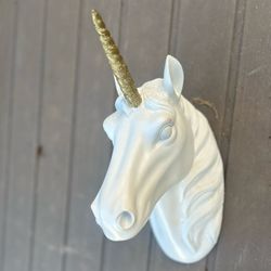 White Unicorn Head Gold Glitter Horn Fantasy Unicorn Wall Mount