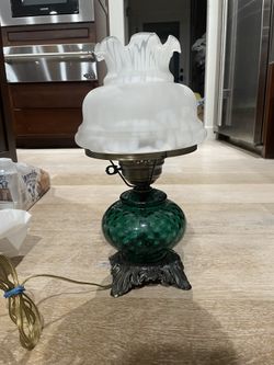Accurate Casting Hurricane Lamp Emerald Bubble Glass Base W/ Milk Cloudy Shade