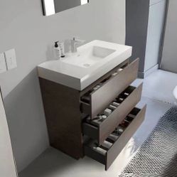 36” Single Sink Freestanding Bath Vanity with White Cultured Marble Top in Walnut [NEW / OPEN BOX DISPLAY]** Faucet not included.**
