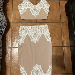 Two Piece Nude And White Embroidered Skirt And Top Set 