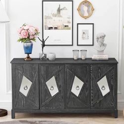 4 Door Mirrored Buffet Cabinet, Retro Sideboard Entryway Console Table Accent Cabinet with Shelves for Bedroom, Living Room, Office, Easy Assembly, Gr