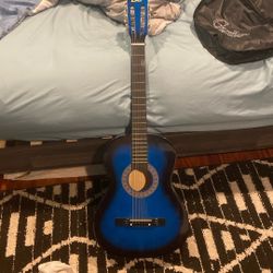 Blue BC Acoustic Guitar + Case, Extra Strings, Strummer & Tuner – Great Deal!