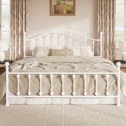 King Metal Bed Frame, Victorian Style Platform Bed with Curved Headboard and Classic Footboard, No Box Spring Needed, White