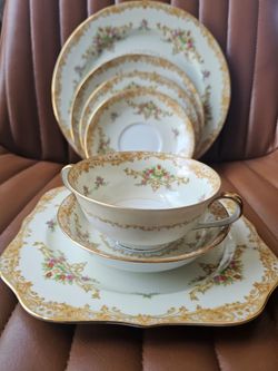 Vintage Porcelain Tea Set with Gold Floral Pattern