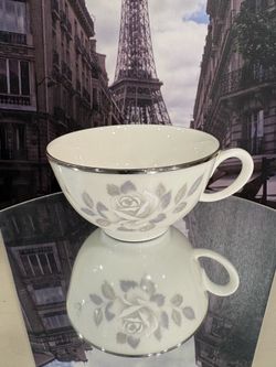 Noritake Rosalind 7537 Teacup | Ivory China Gray White Rose | Replacement Fine China Japan | Vintage Tea Cup Discontinued Pattern
