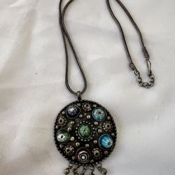 SILVER MURANO MILLEFIORI GLASS BEADED SILVER   NECKLACE  21"