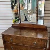 Antique Two Drawer Dresser With Tri Fold Mirror 
