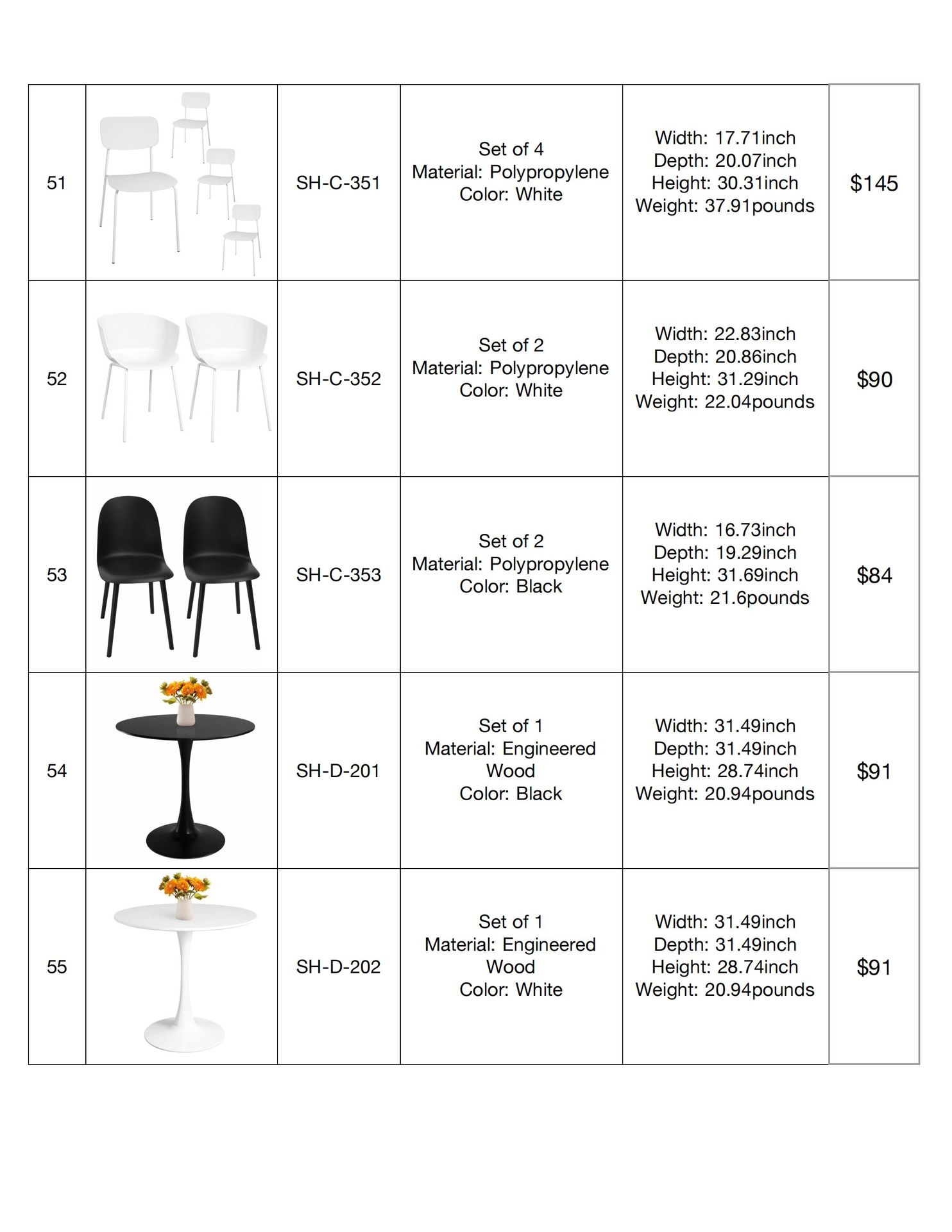 Brand New Dining Chairs & Tables – Various Styles & Colors