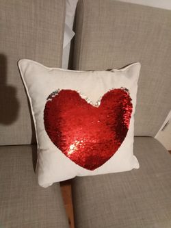 White Throw Pillow with Red Sequin Heart