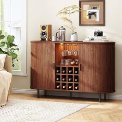 55" Wine Bar Cabinet with LED Light,Modern Liquor Whiskey Coffee Station with Wine Rack and Glass Holder, Farmhouse Buffet Sideboard with Storage for 