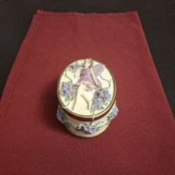 Exquisite Oval Trinket Box From Dezine, Hand-painted Purple Floral Design W/Fairy & Glitter High Quality Resin 3.5"W X 2"H 