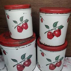Vintage 1950s 4 Pc. Decoware Tin Litho Red Apple Kitchen Canisters