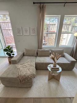 Modern Beige Corduroy Sectional Sofa with Chaise (Brand New)