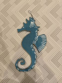 Blue Seahorse Coastal Decor 18" x 10" Painted Canvas Distressed Wood