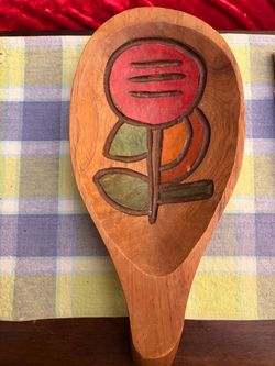 Hand-Carved Painted Wooden Spoon Rest 13 inches long