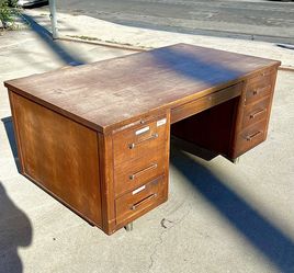 Vintage Mid Century Modern Wood Tanker Office Desk 