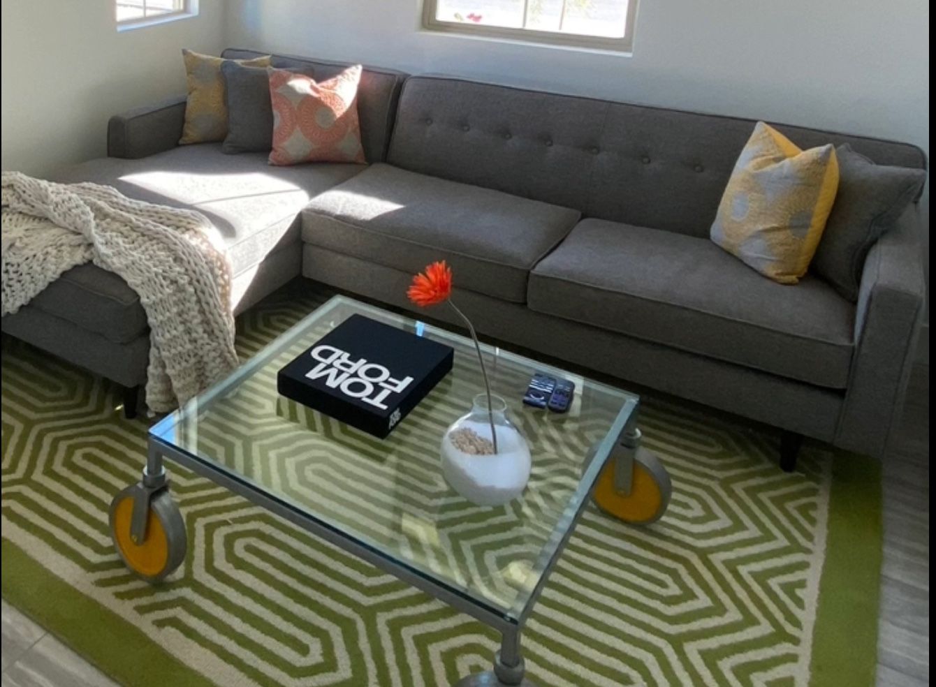 Custom modern mid- century styled sofa with chaise