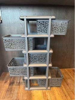5-Tier Grey Plastic Storage Tower with Baskets Sliding On both sides