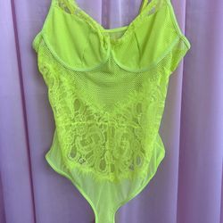 Sexy Fluorescent Neon Yellow Mesh Lace Lingerie Bodysuit Size XXL