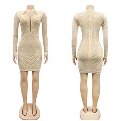Fashion Beaded Crystal Rhinestones Dress New Size XL Strech Material.