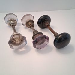 Antique Glass Door Knob 3- Sets Purple Amethyst and Black Porcelain Knobs Plus Shafts...asking $40.00