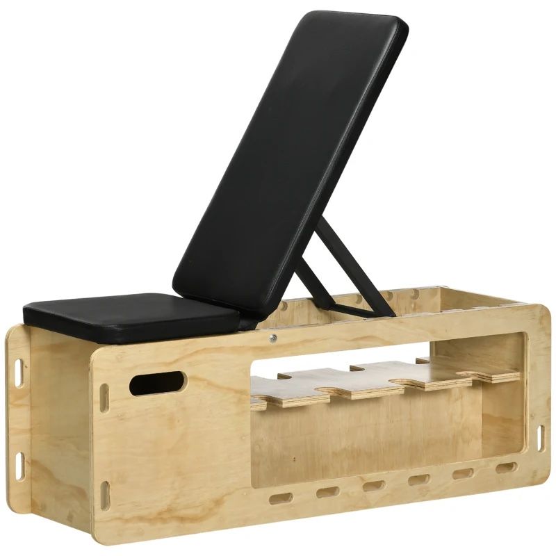 Soozier Wooden Workout Bench with Dumbbell Rack and Resistance Bands, Adjustable Incline Weight Bench for Home Gym
