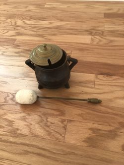 ANTIQUE RARE CAST IRON FIRE STARTER POT W/ PUMICE WAND