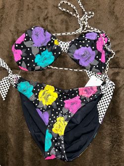 Cute black rose, polkadot reversible bikini