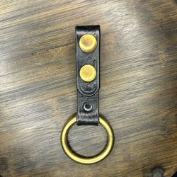 Brass Police Baton/ Flashlight Ring Holder Black Tooled Basket Weave Leather