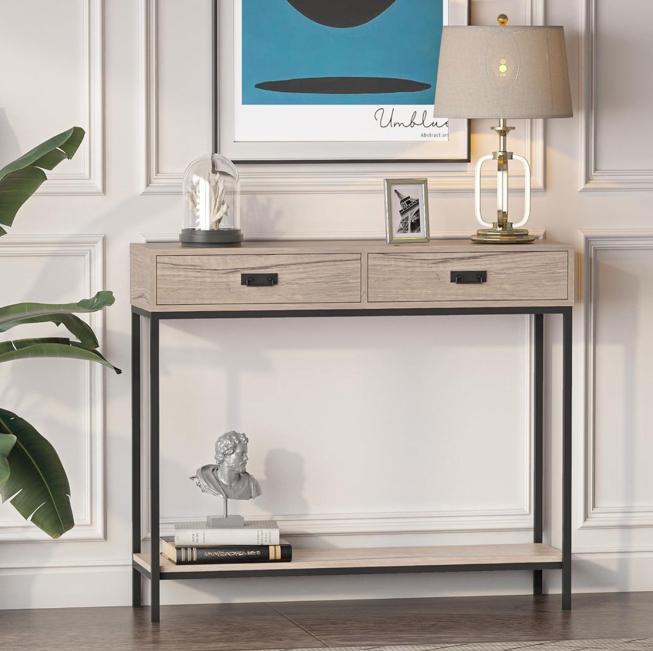 Oak Wood Console Table with 2 Drawers, Hallway Foyer Table with Storage Shelves, Narrow Long Sofa Table, Side Table for Living Room, Hallway, Black Me