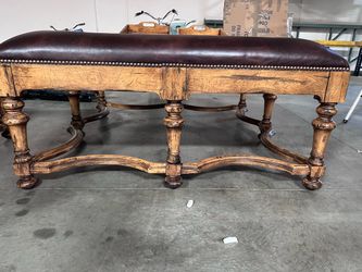Leather Top Upholstered coffee table with Carved Wood Base