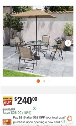 NEW Home Depot 7 piece patio set Fabric Gray, umbrella and base for umbrella ** Serious inquiries only**