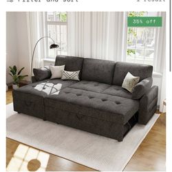 Pull Out Sofa Bed, Modern Tufted Convertible Sleeper Sofa, L Shaped Sofa Couch with Storage Chaise, Chenille Sectional Couch Bed