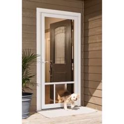 LARSON Pet Breeze Universal reversible Hinged Screen door 36-in x 81-in White Aluminum Single (Handle Included) with Pet Door