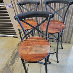 Bar Stool With Metal Backing And Wooden Seat. (3)