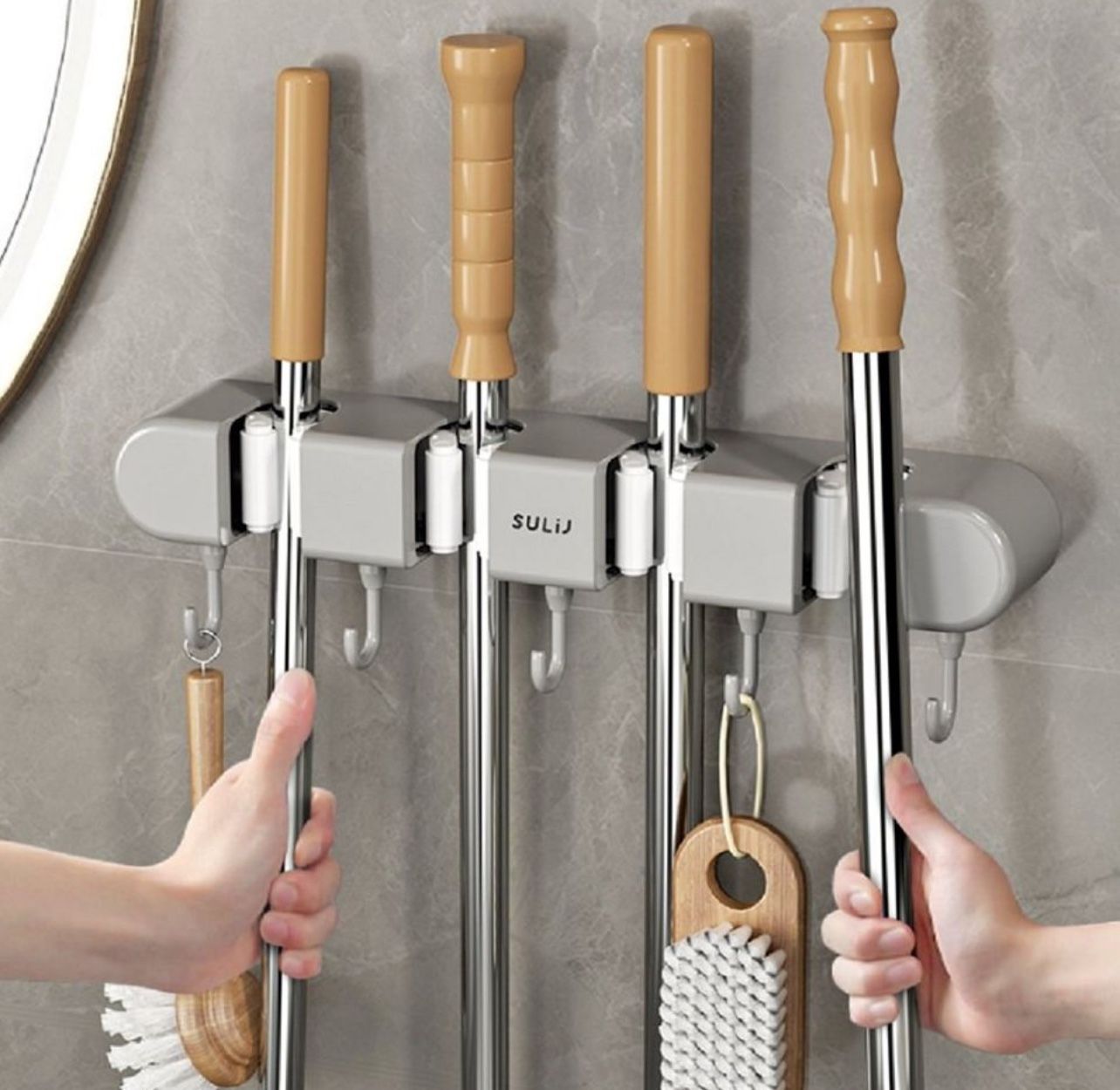 Wall-Mounted Broom & Mop Holder- Mop Hanger Broom Storage Rack w 5 Slots 6 Hooks