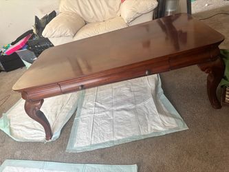 Wood Coffee Table with Drawers and Carved Legs