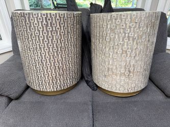 Pair of Geometric Inlay Drum Side Tables