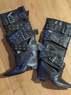 Y2K Brown Faux Leather Multi Buckle Grommet Knee High Foldover Boots Size 8.5