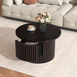 Round Coffee Table for Living Room in Dark Brown, Farmhouse Coffee Table with a Drawer, Center Table with Vertical Slat Base in 30.5" 