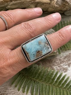 Square Natural Larimar Sterling Silver Ring Sz 8