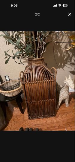 Large Wicker Rattan Floor Vase with Handles