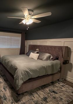 King Tufted Wingback Bed Frame with Nailhead Trim