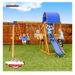 Wooden Swing Set with Heavy Duty Double A-Frame and Blow Molded Slide, New 