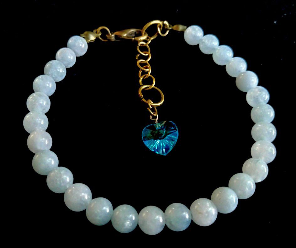 Blue Aquamarine Crystal Heart Bronze Bracelet Handmade by Master Energy Healer Protection Peace Joy