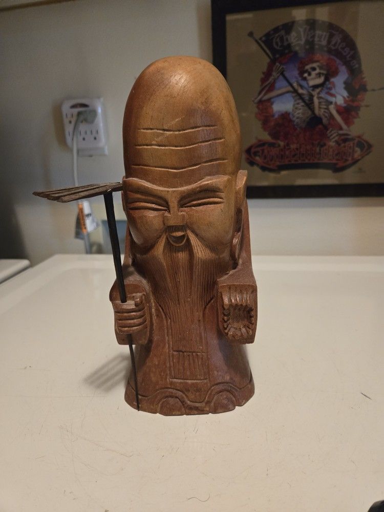 Asian Hand Carved Solid Wood Fukurokuju Seven Lucky Gods Figurine